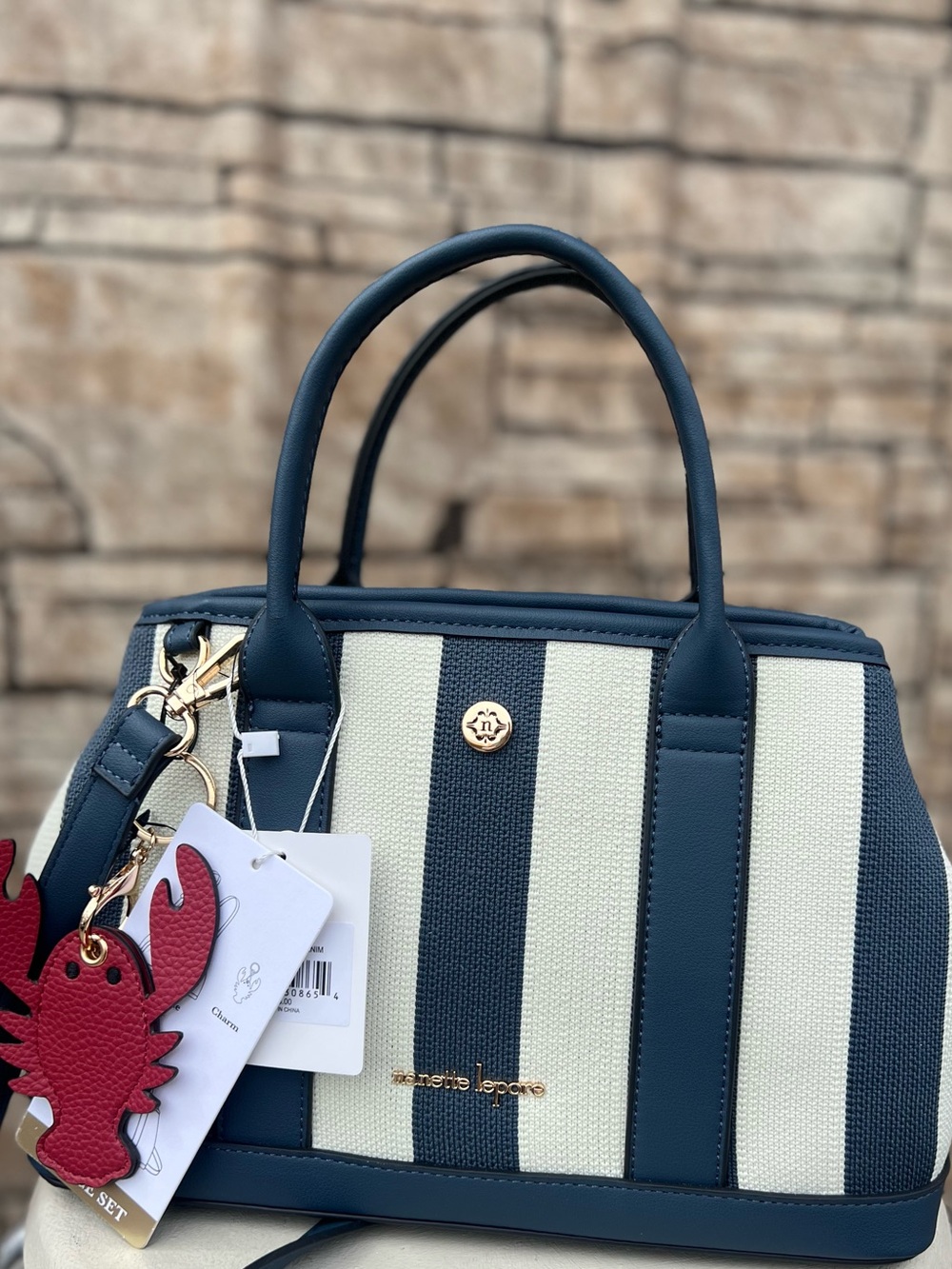 Nanette Lepore Navy & Cream Striped Satchel with Gold Accents - Picture 5 of 7